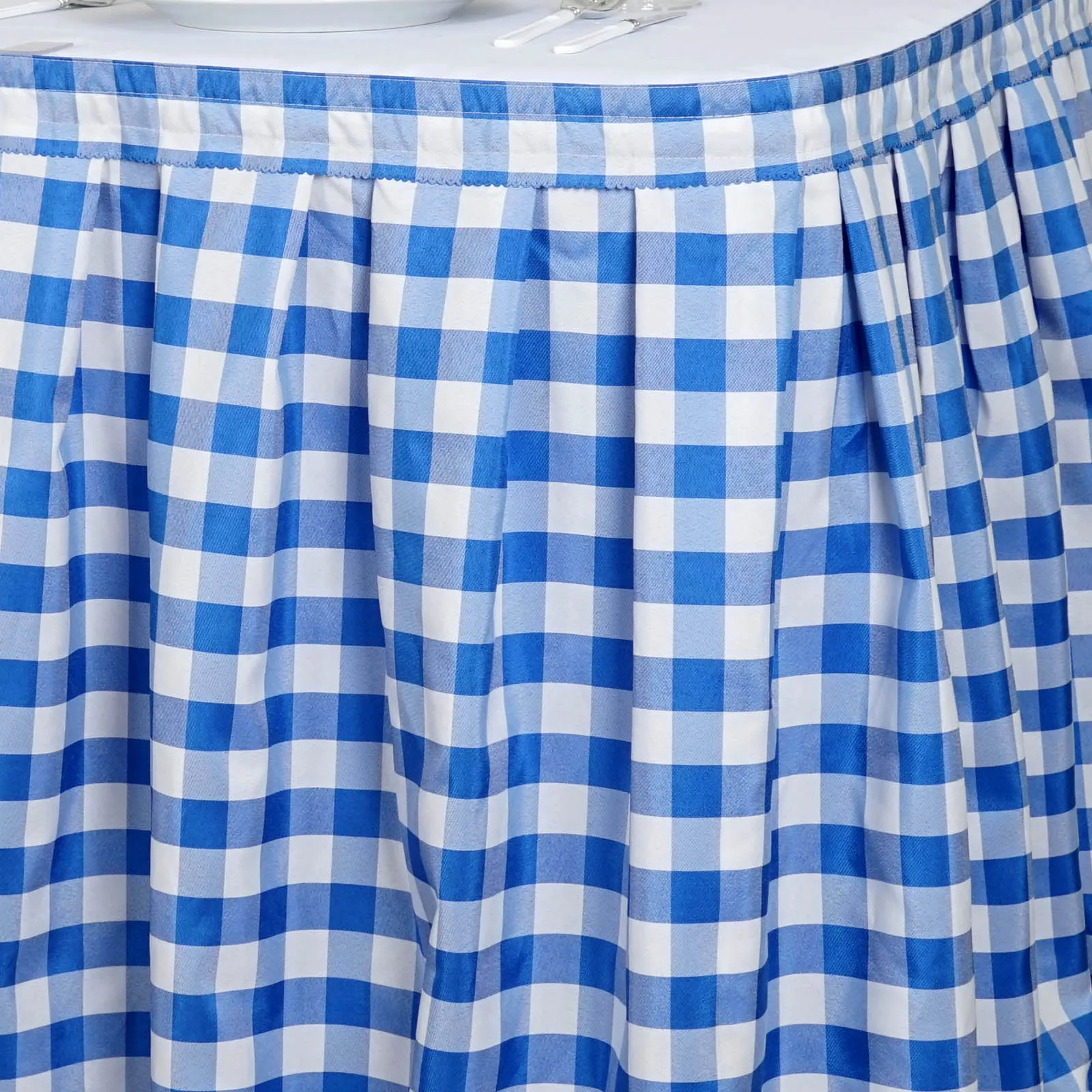 14FT Perfect Picnic Inspired White/Blue Checkered Polyester Table Skirt For Wedding Party Event