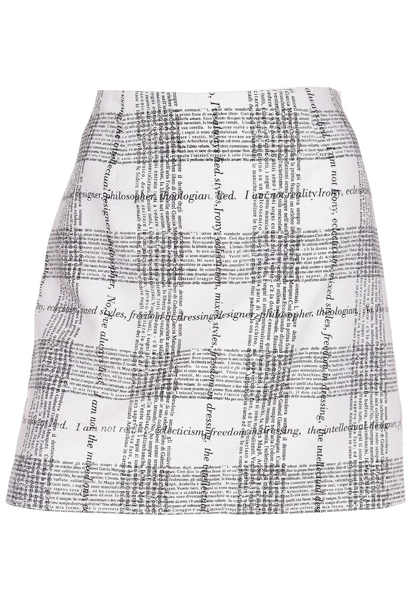 1990s Moschino Mini Skirt White w Black Fashion Philosophy in Italian & English