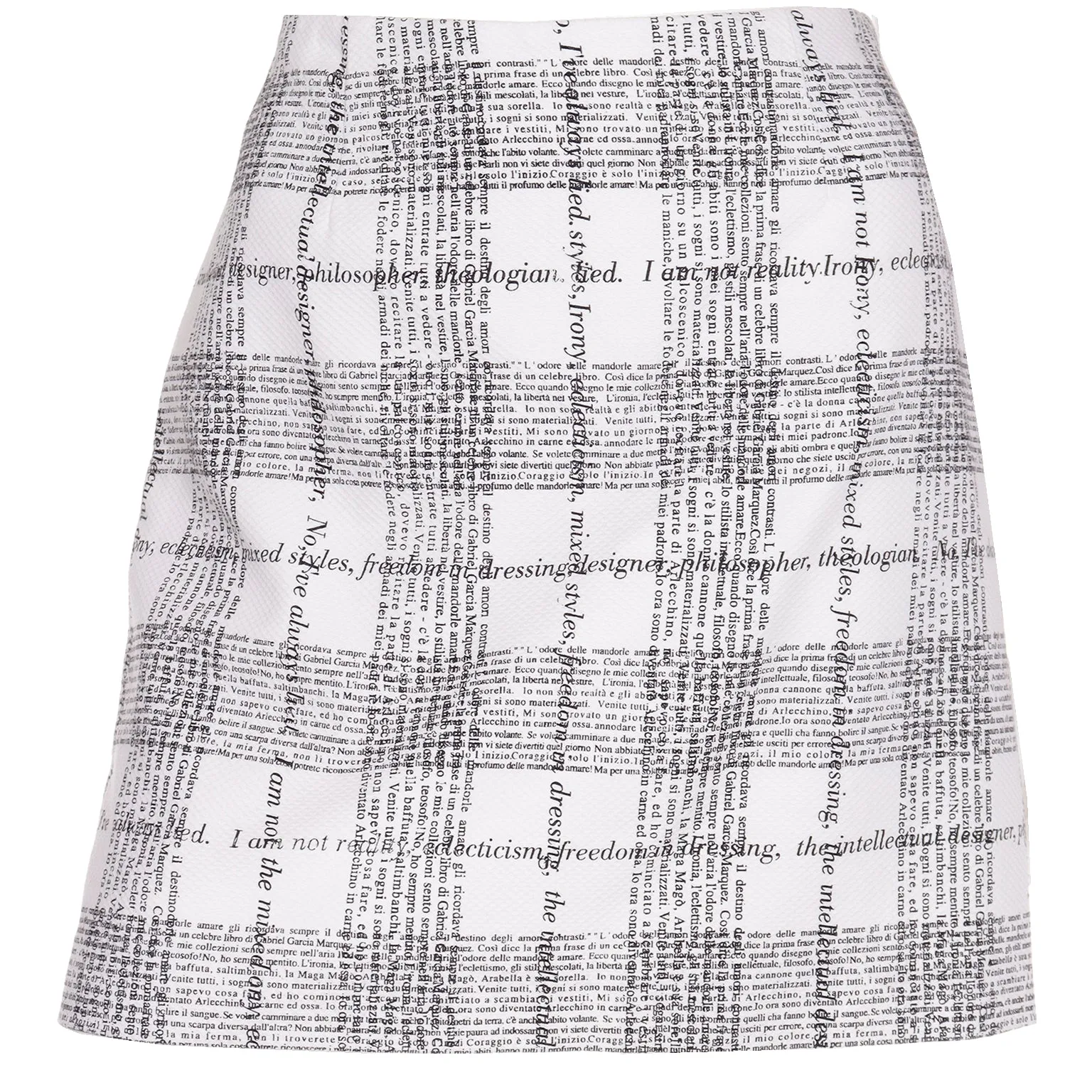 1990s Moschino Mini Skirt White w Black Fashion Philosophy in Italian & English