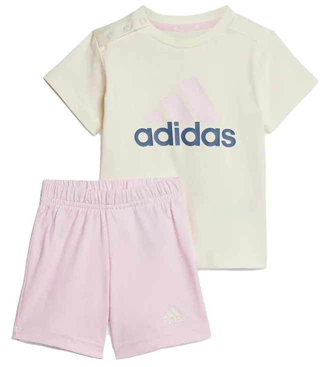 Adidas Infants Essentials Cotton T shirt and Short Set Ivory and Clear pink