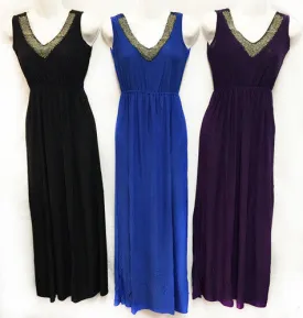 beaded v-neck long summer dresses - asst colors Case of 12