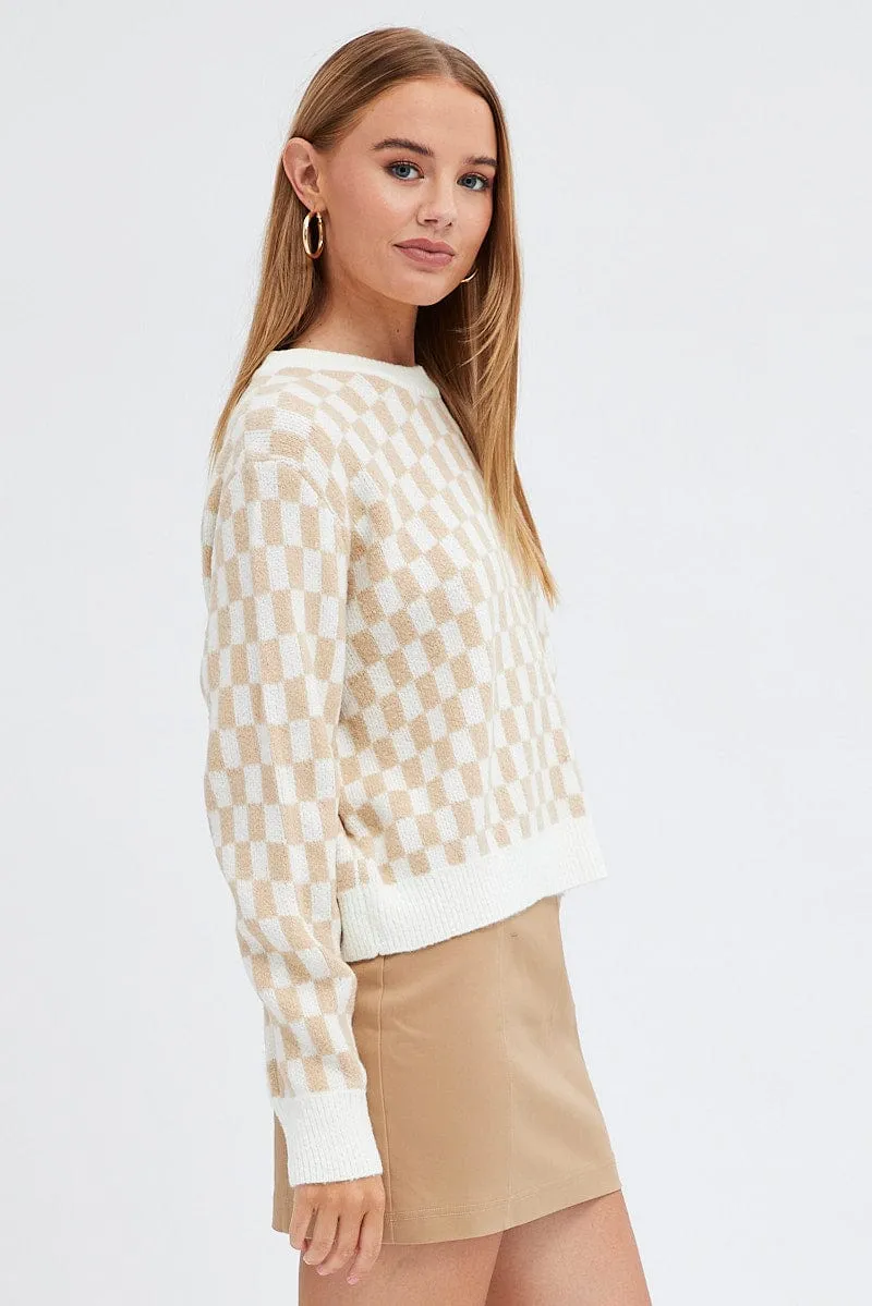 Beige Check Knit Jumper Long Sleeve