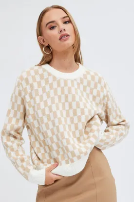 Beige Check Knit Jumper Long Sleeve