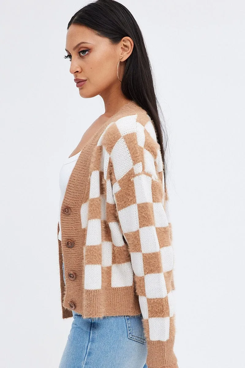 Beige Check Oversized Cardigan