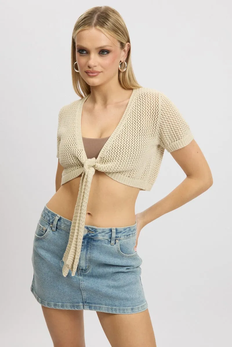 Beige Crochet Knit Cardigan Tie Up