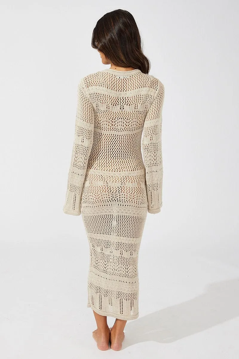 Beige Knit Dress Long Sleeve Crochet