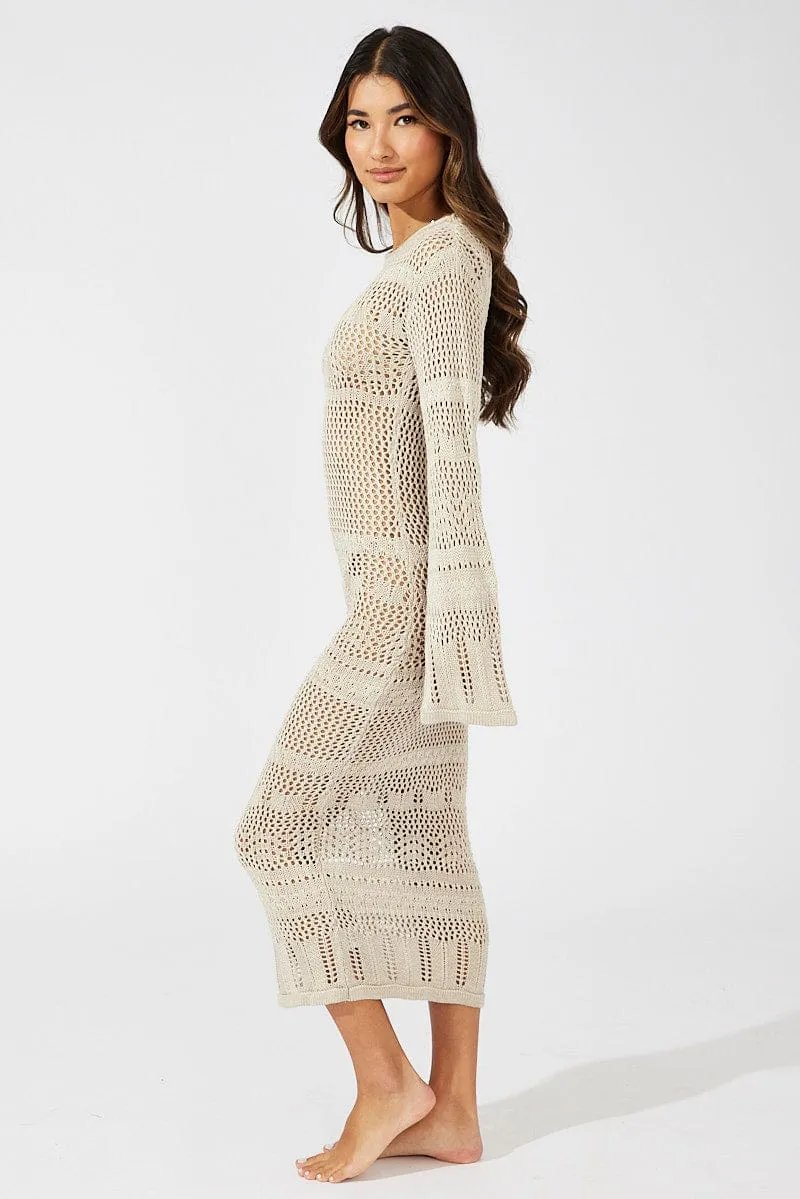 Beige Knit Dress Long Sleeve Crochet