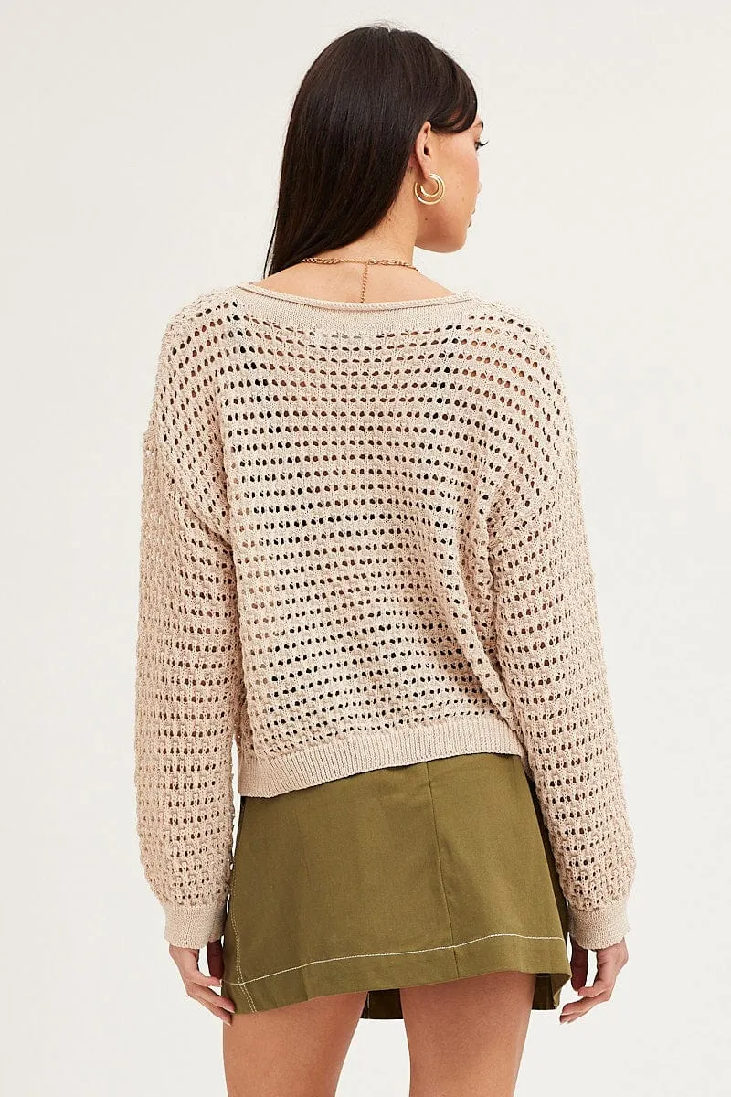 Beige Knit Top Long Sleeve Round Neck Crochet