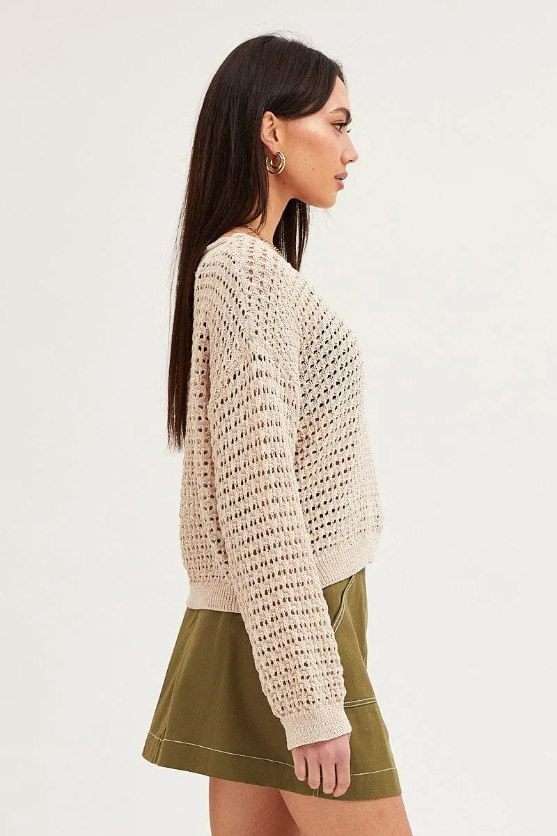 Beige Knit Top Long Sleeve Round Neck Crochet