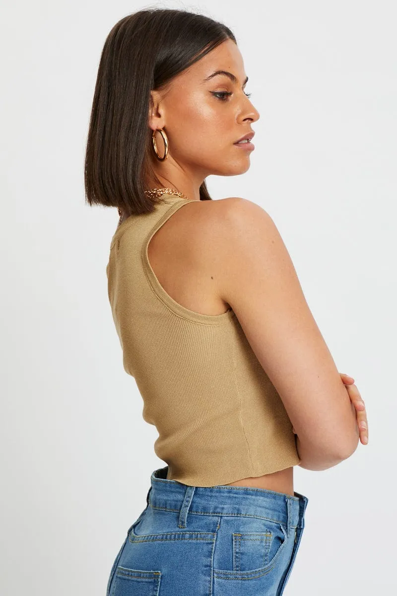 Beige Racer Neck Knit Top