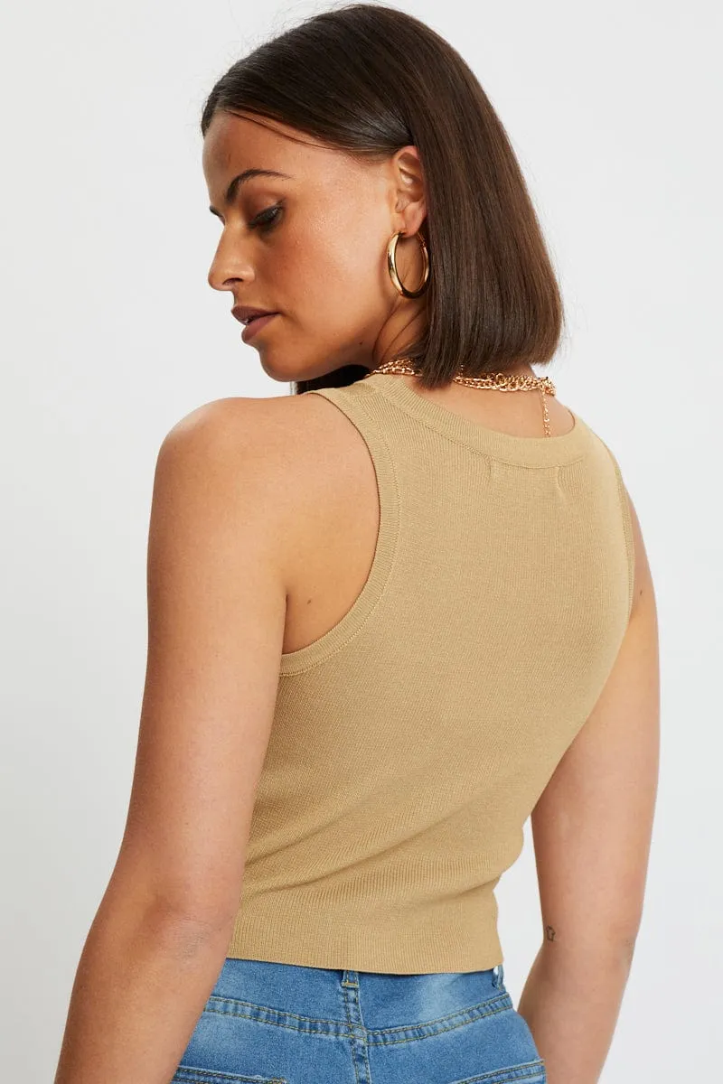 Beige Racer Neck Knit Top