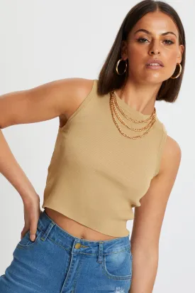 Beige Racer Neck Knit Top