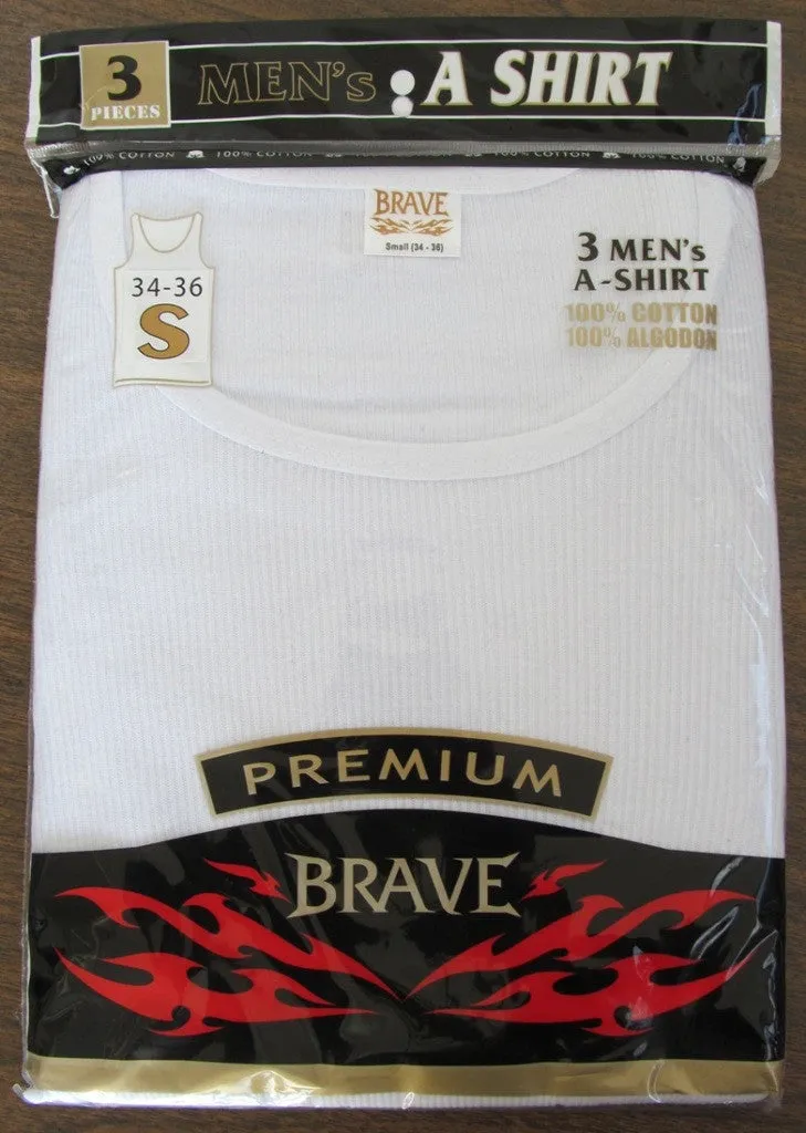 brave men's 3pc/pk 100% cotton white a-shirt (s-xl) Case of 48