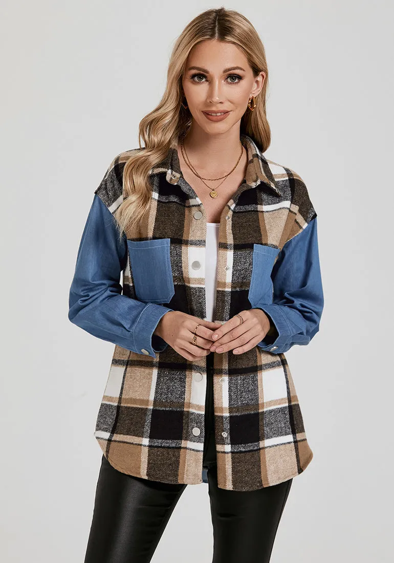 Brown Plaid Women's Brief Button Down Denim Loose Plaid Flannel Shirt Coats Jackets