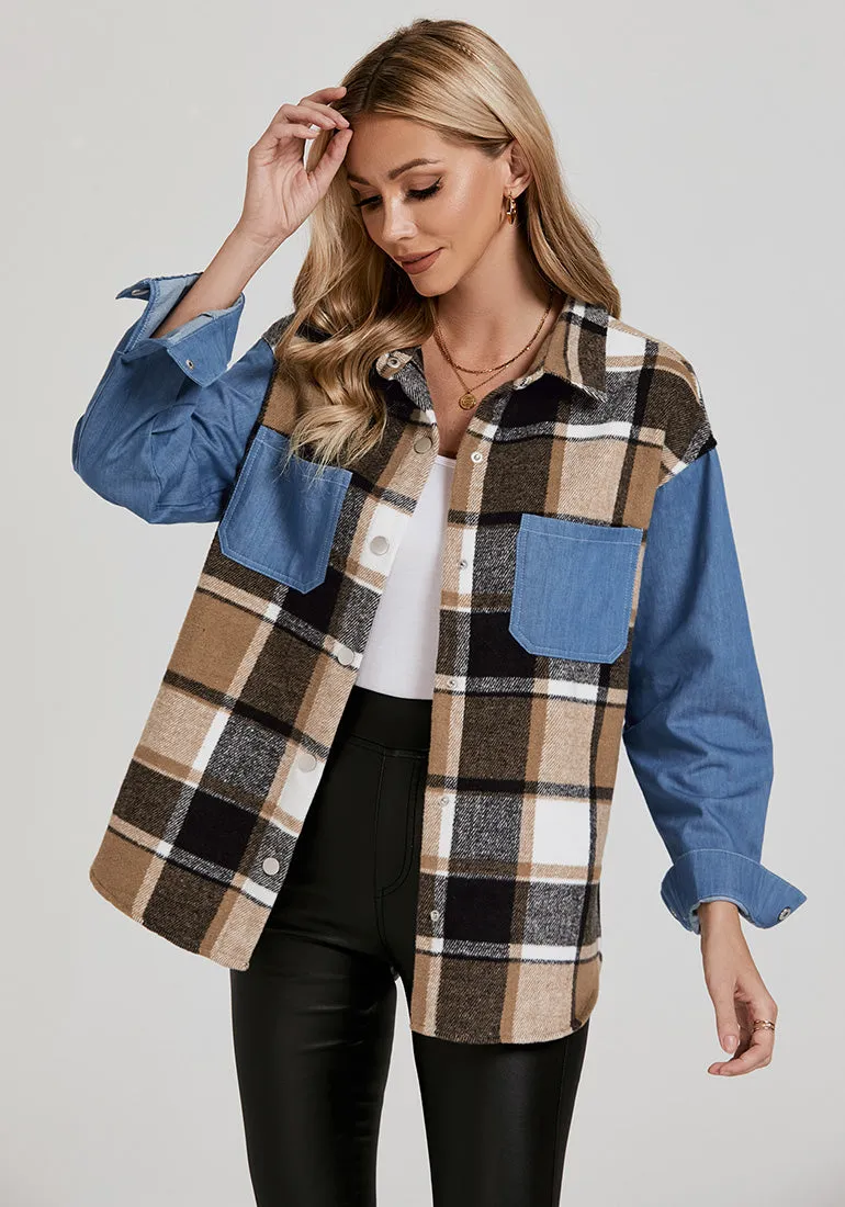 Brown Plaid Women's Brief Button Down Denim Loose Plaid Flannel Shirt Coats Jackets