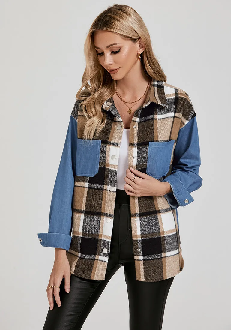 Brown Plaid Women's Brief Button Down Denim Loose Plaid Flannel Shirt Coats Jackets