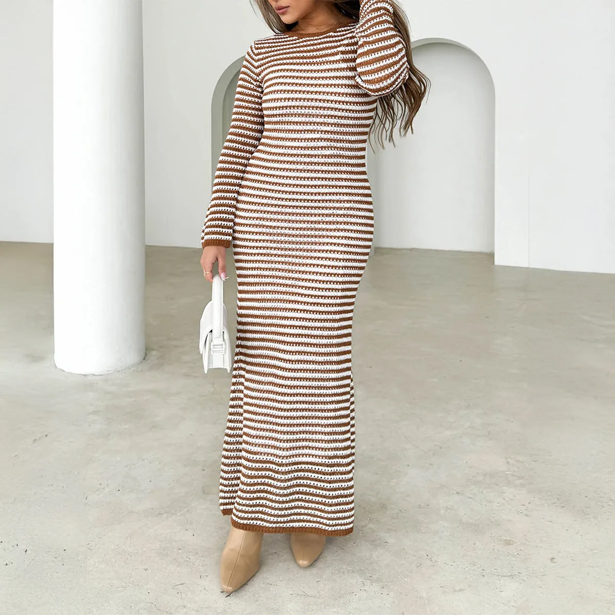 Casual Contrast Stripe Long Sleeve Sweater Dresses Wholesale Womens Clothing N3824101000020