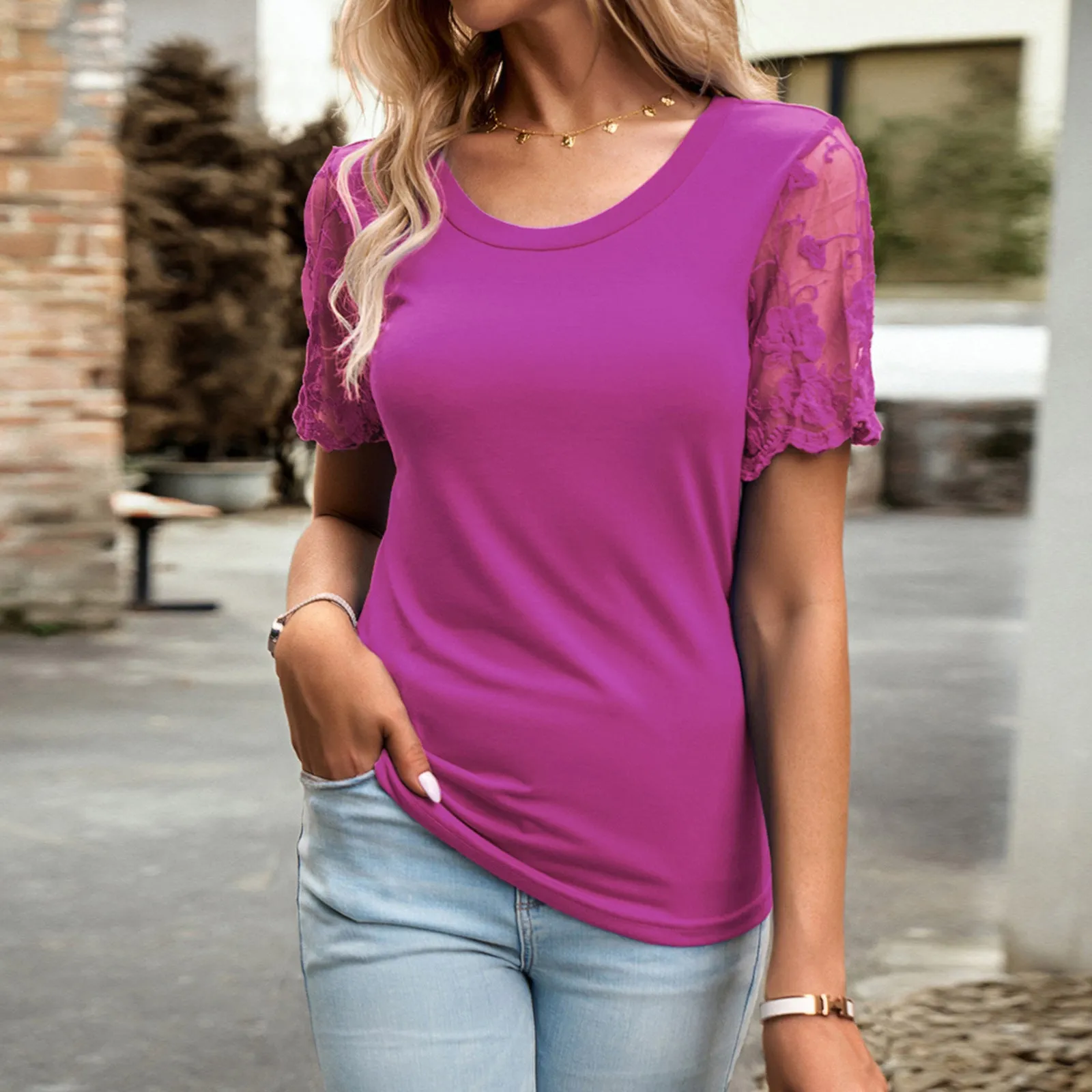 Casual Lace Short-Sleeved T-Shirt Wholesale Womens Clothing N3824040100123