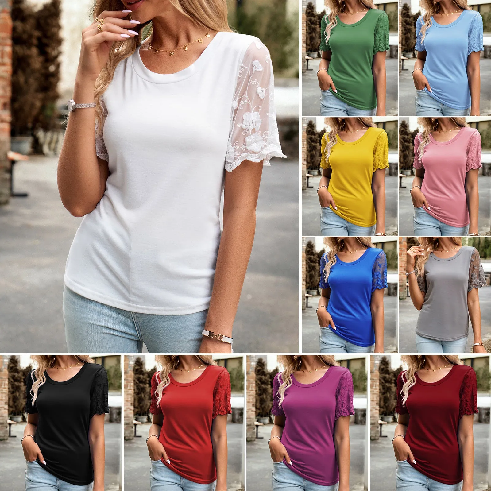 Casual Lace Short-Sleeved T-Shirt Wholesale Womens Clothing N3824040100123