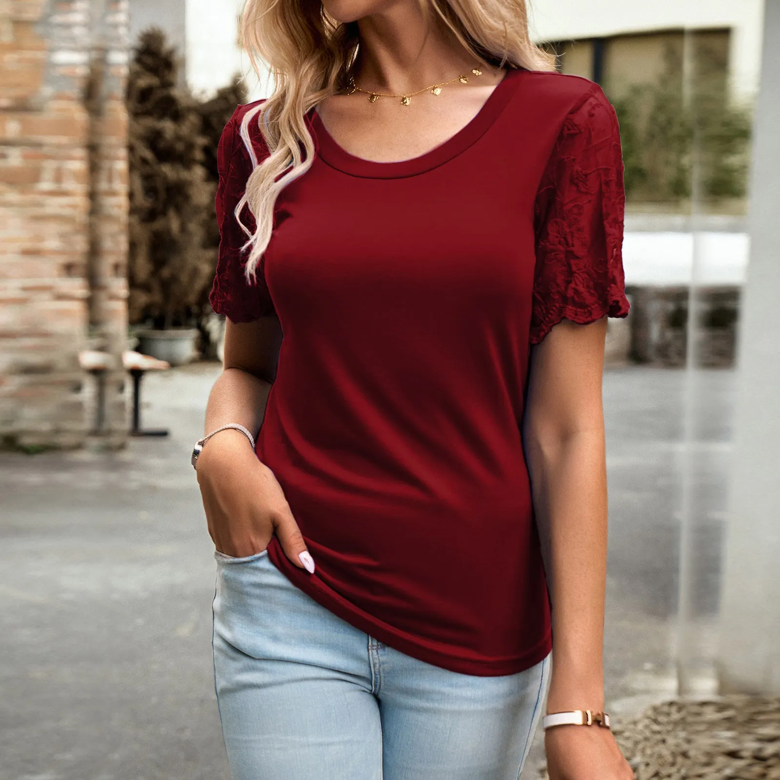 Casual Lace Short-Sleeved T-Shirt Wholesale Womens Clothing N3824040100123