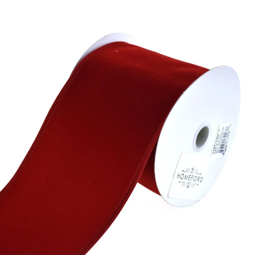 Christmas Velvet Wired Edge Ribbon, 4-Inch, 10-Yard, Dark Red