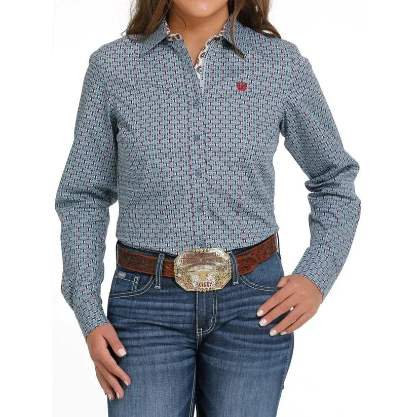 Cinch Women's Long Sleeve Button Down - Light Blue Print