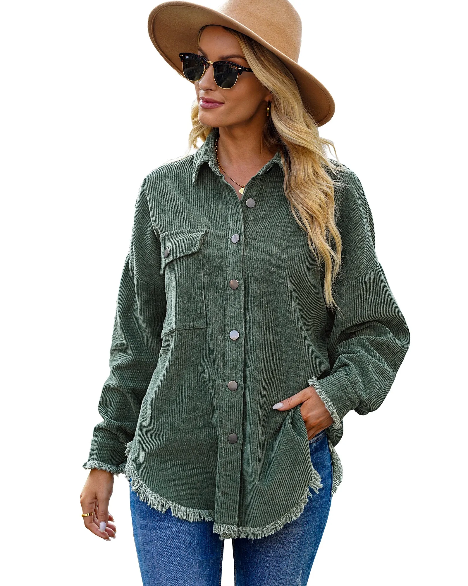 Dark Green Drop Shoulders Contrast Corduroy Button-Down Jacket