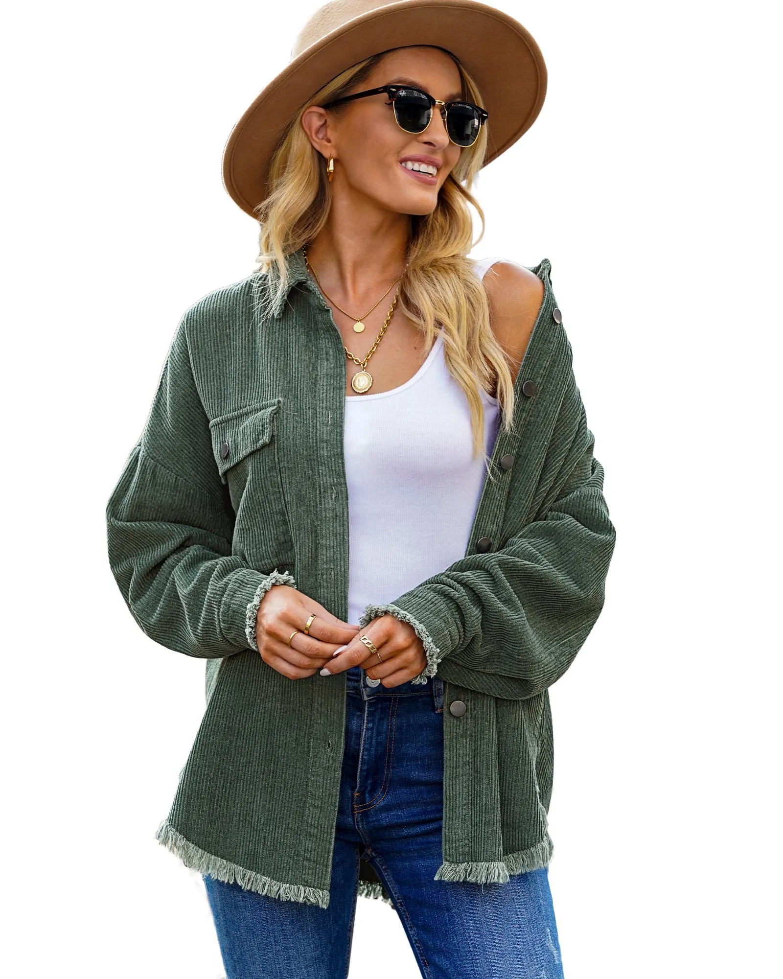 Dark Green Drop Shoulders Contrast Corduroy Button-Down Jacket