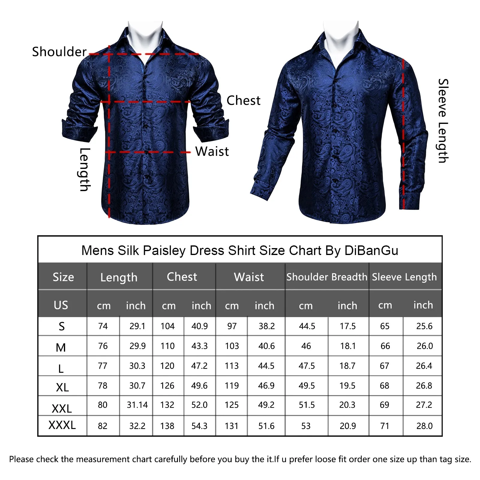 DiBanGu Mens Long Sleeve Shirt Navy Blue Paisley Button Down Silk Shirt