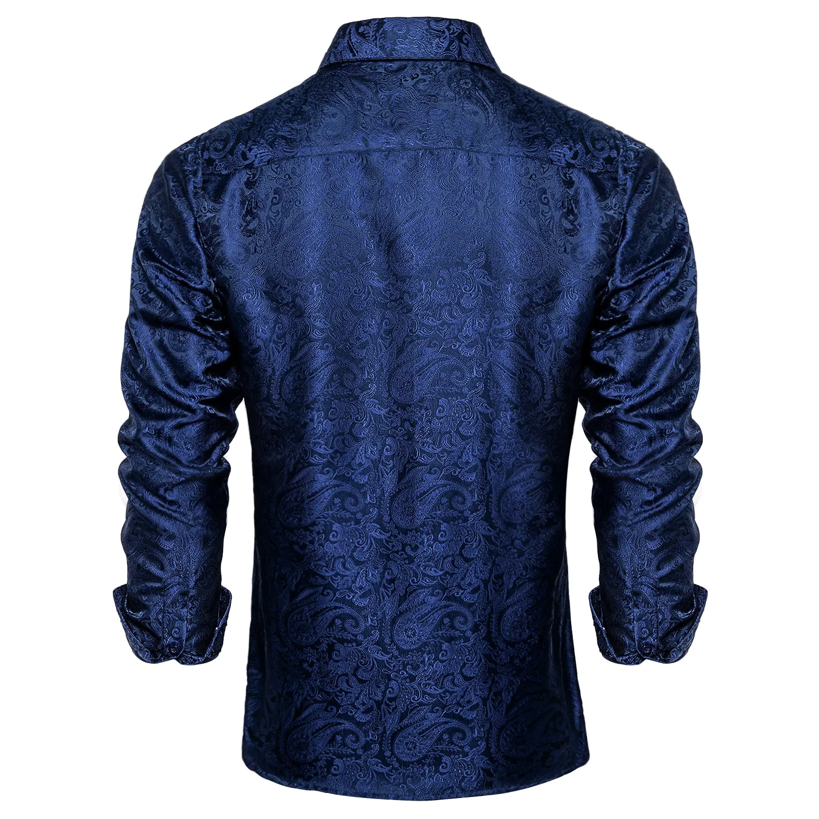 DiBanGu Mens Long Sleeve Shirt Navy Blue Paisley Button Down Silk Shirt