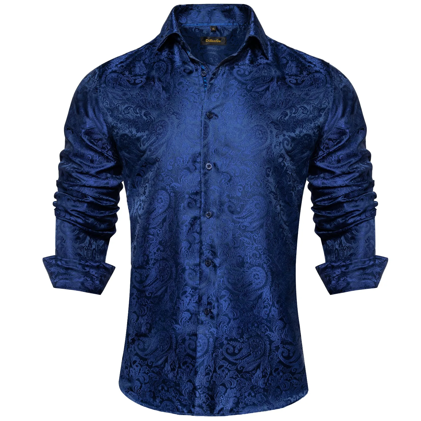 DiBanGu Mens Long Sleeve Shirt Navy Blue Paisley Button Down Silk Shirt