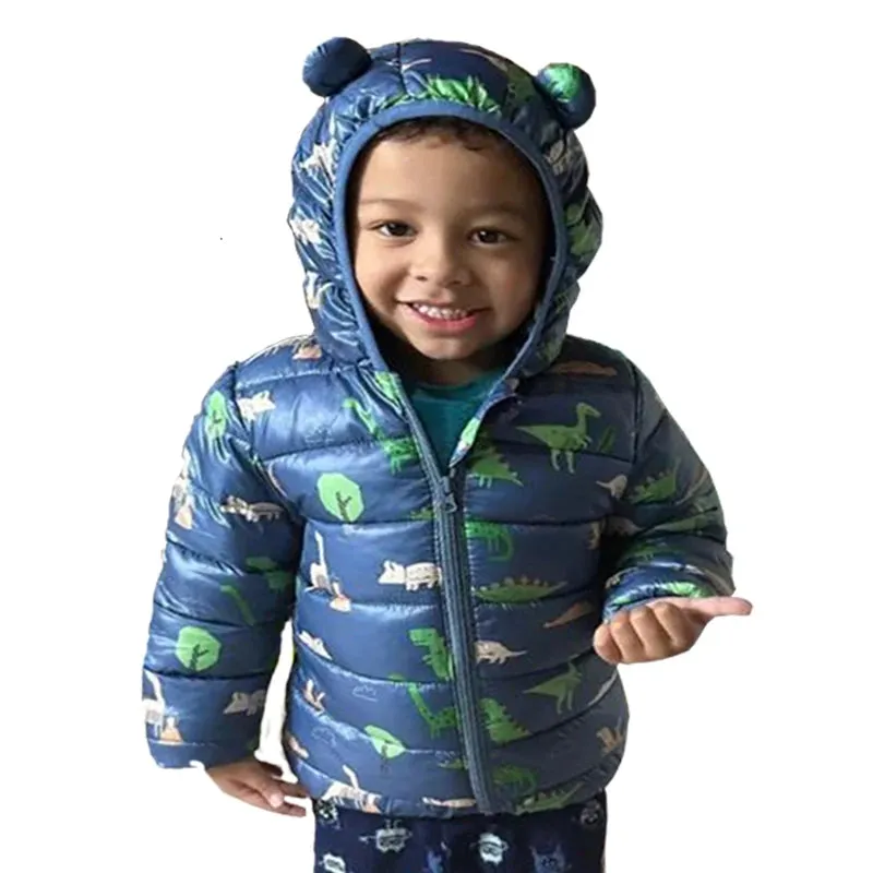 Dinosaur Print Hooded Lightweight Down Jackets Children Boys Baby Winter Outerwear Autumn Girls Coats Kid Cartoon Casual Clothes