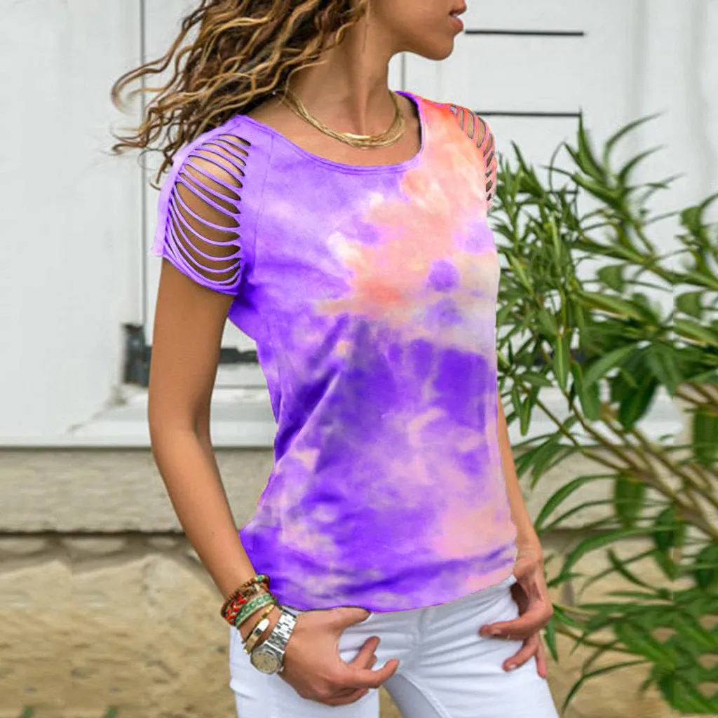 Fashion tie-dye ripped burnt flower strapless short-sleeved T-shirt