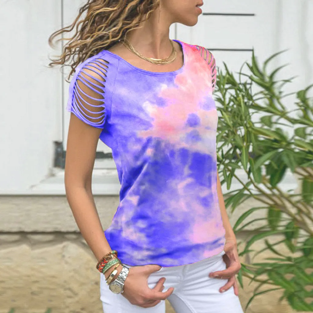 Fashion tie-dye ripped burnt flower strapless short-sleeved T-shirt