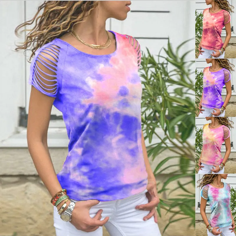 Fashion tie-dye ripped burnt flower strapless short-sleeved T-shirt