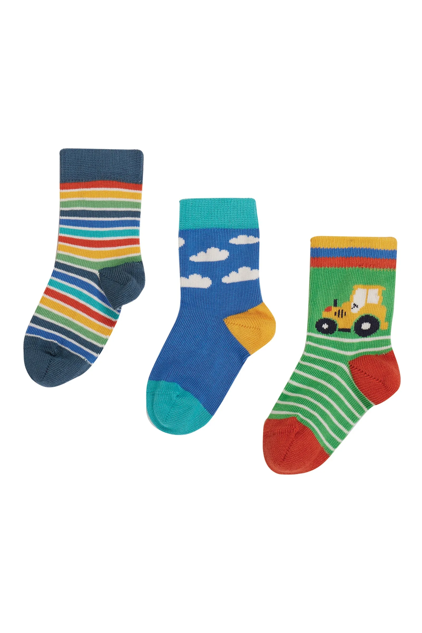 Frugi Little Socks 3Pack, Fjord Green Tractor