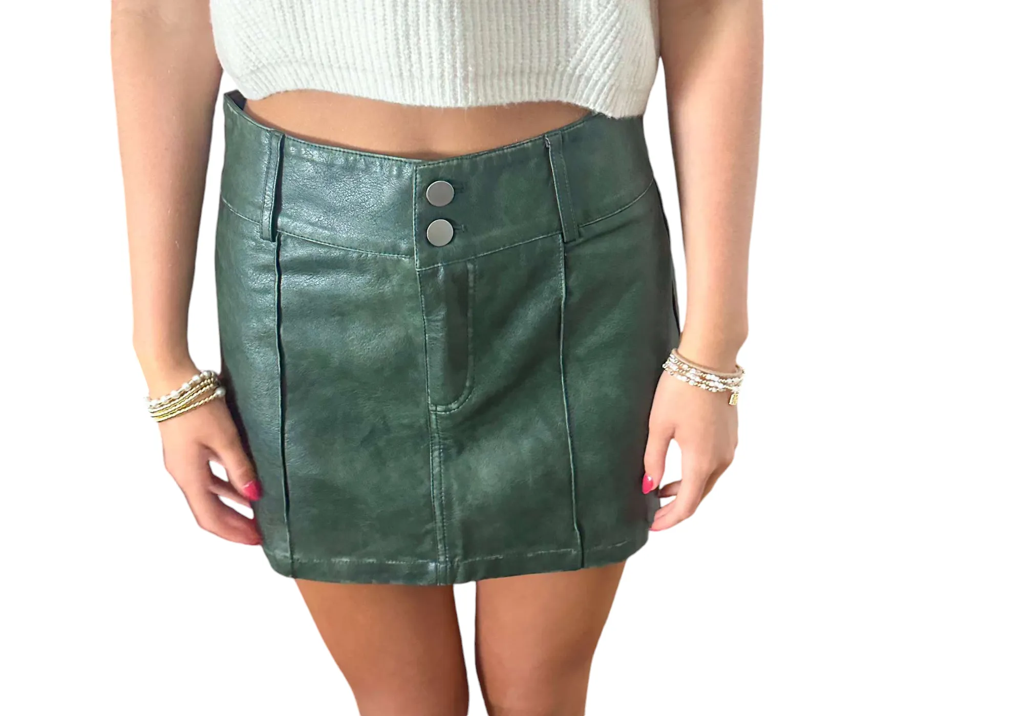 Green Luxe Belted Mini Leather Skirt