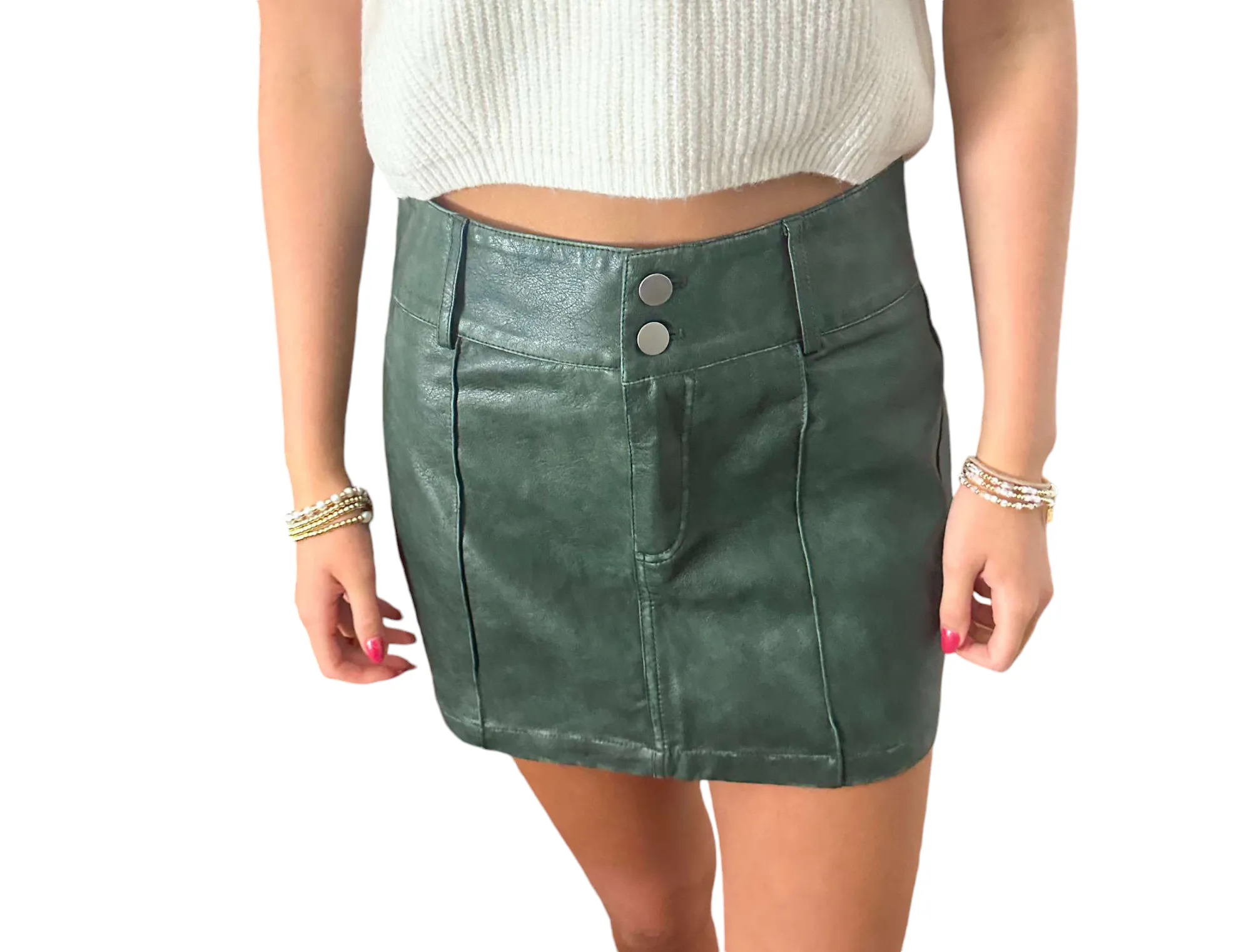 Green Luxe Belted Mini Leather Skirt