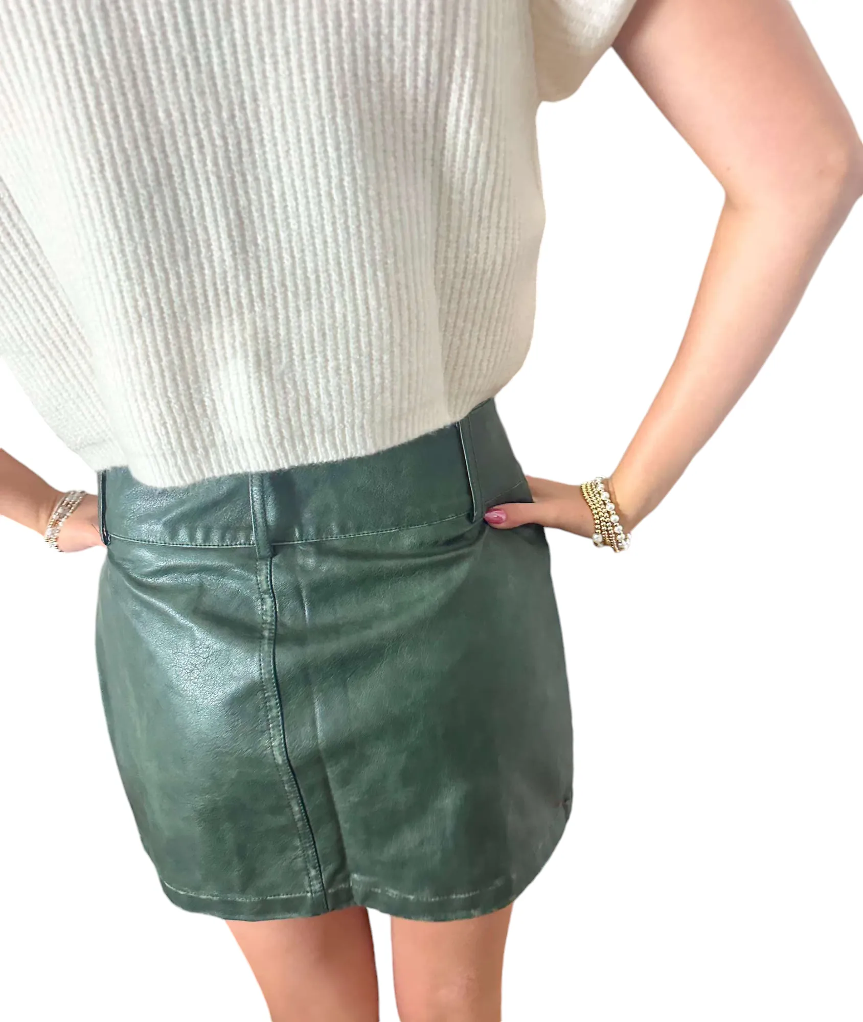 Green Luxe Belted Mini Leather Skirt