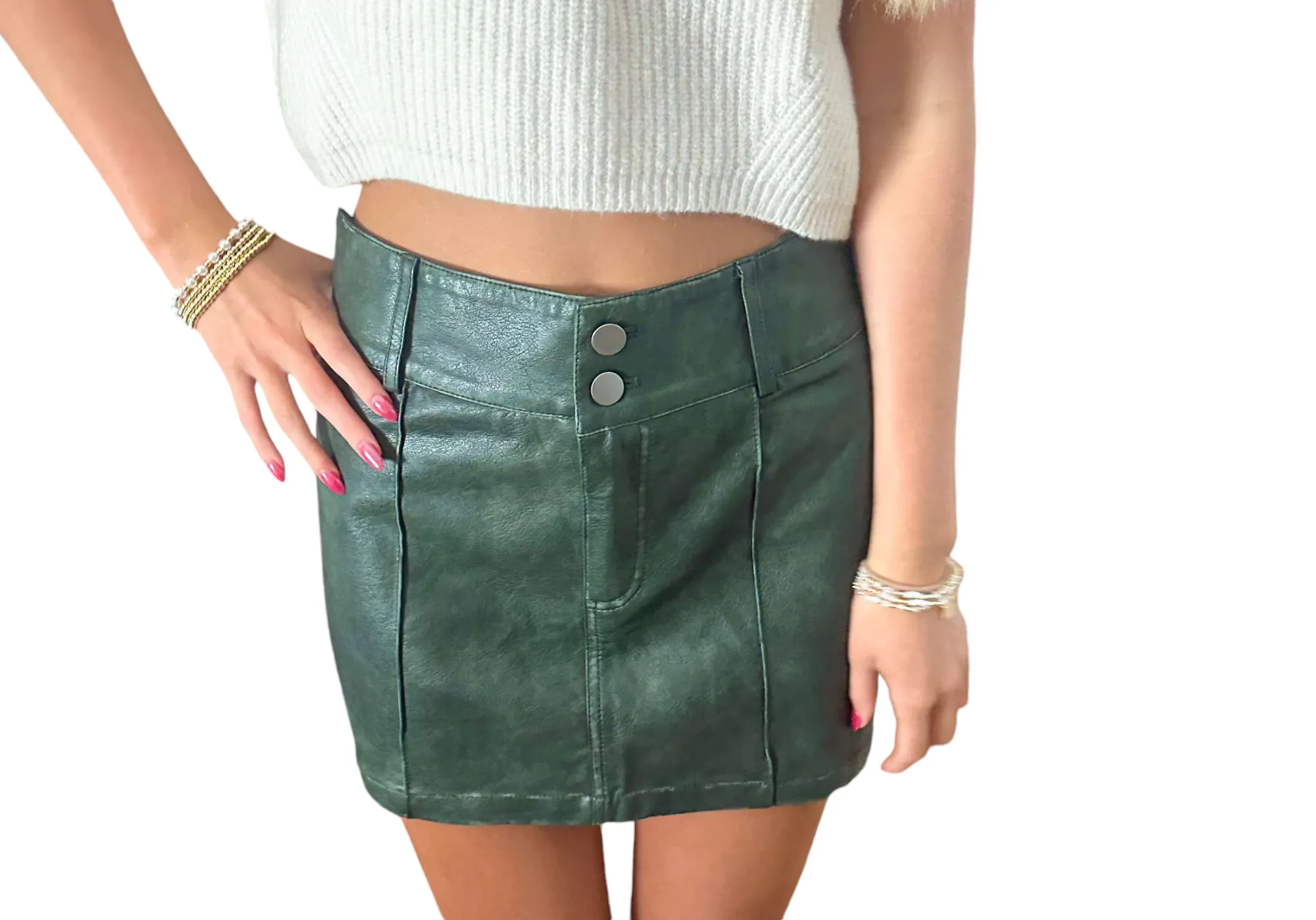 Green Luxe Belted Mini Leather Skirt