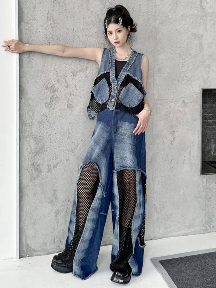 HEYFANCYSTYLE Luxe High Waist Mesh Wide Leg Jeans