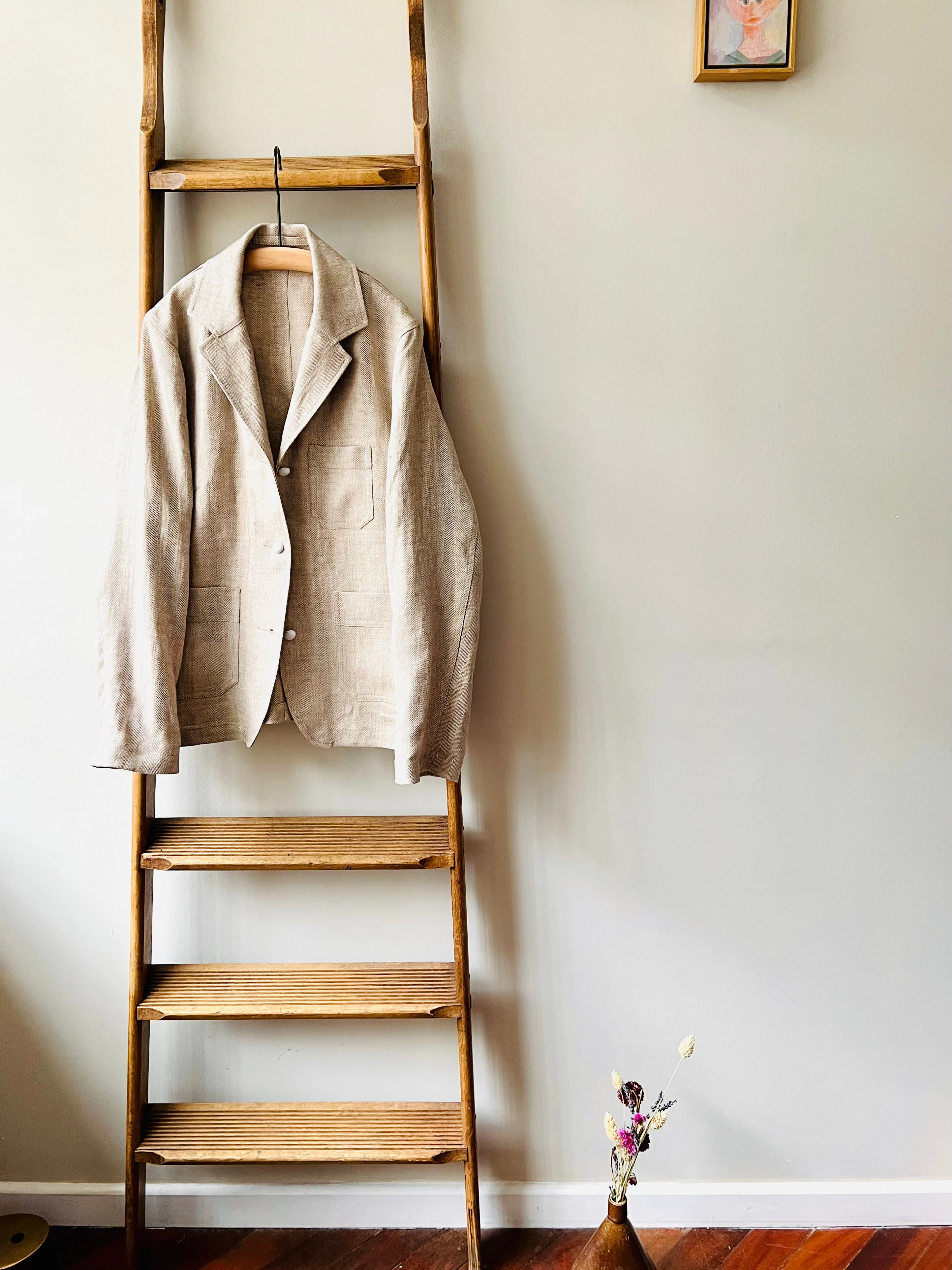 Irish Linen Workers Jacket / Herringbone Beige