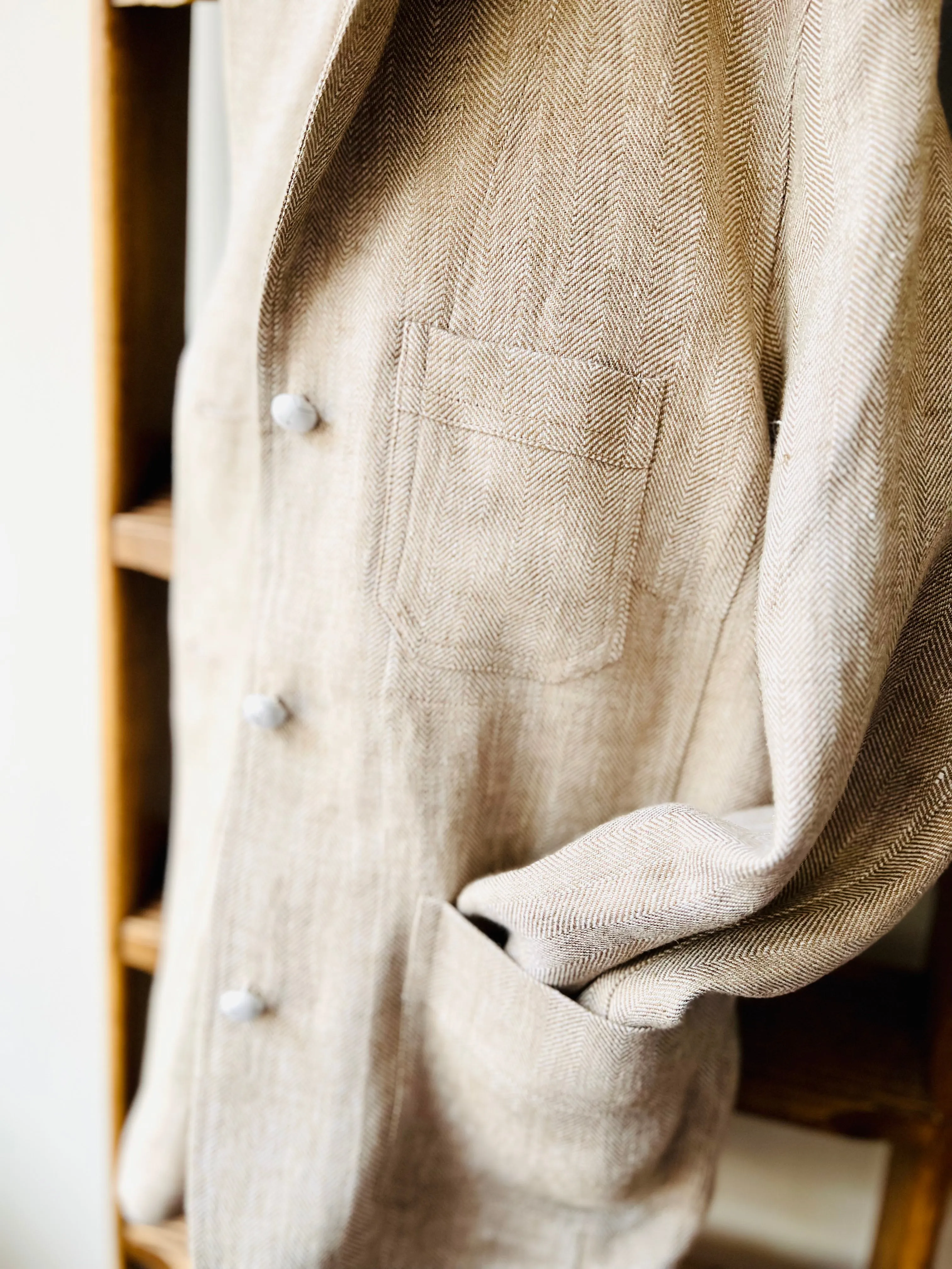 Irish Linen Workers Jacket / Herringbone Beige