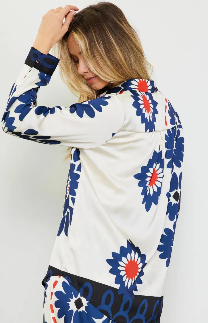 Ivory & Navy Printed LS Top