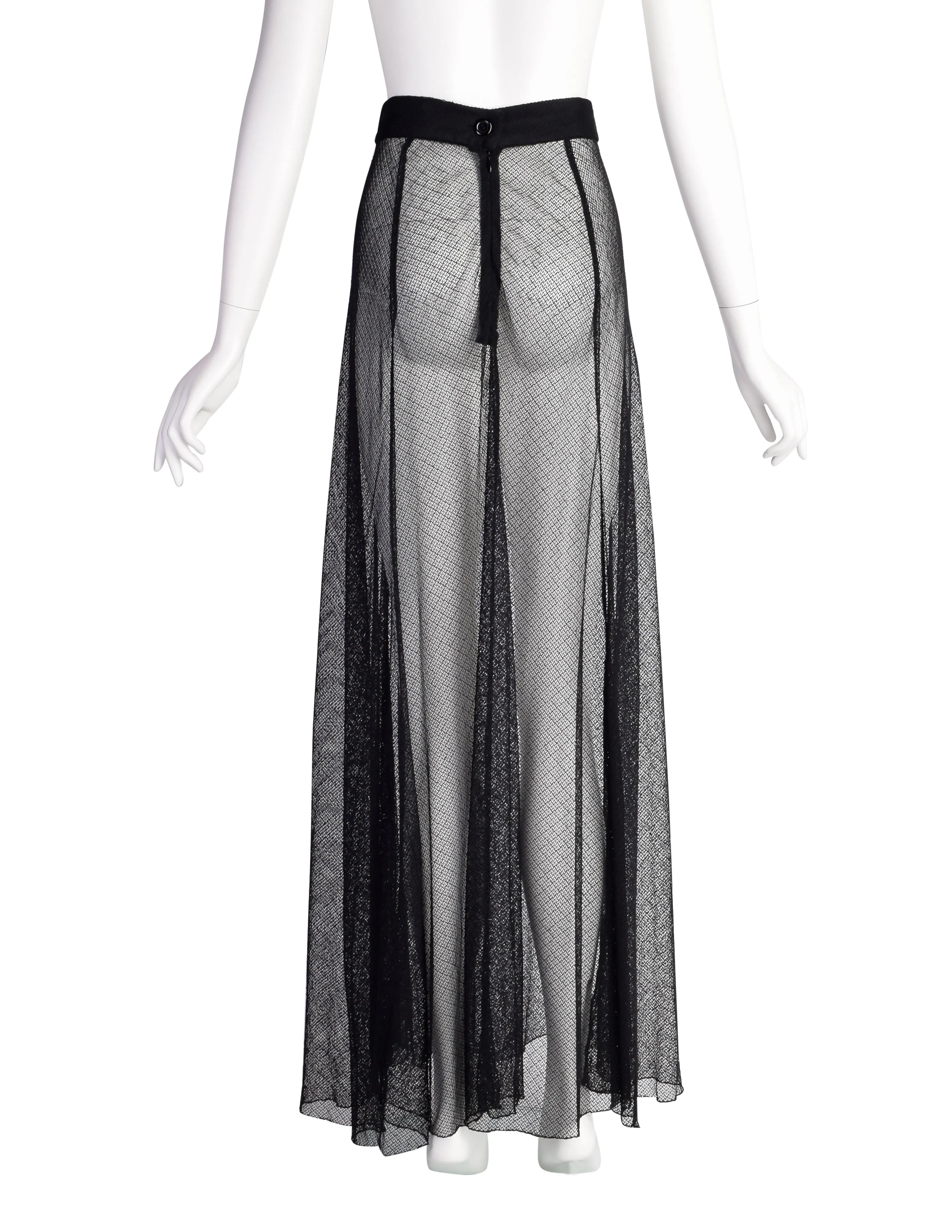 Karl Lagerfeld Vintage 1990s Black Sheer Intricate Mesh Net Full Length Skirt