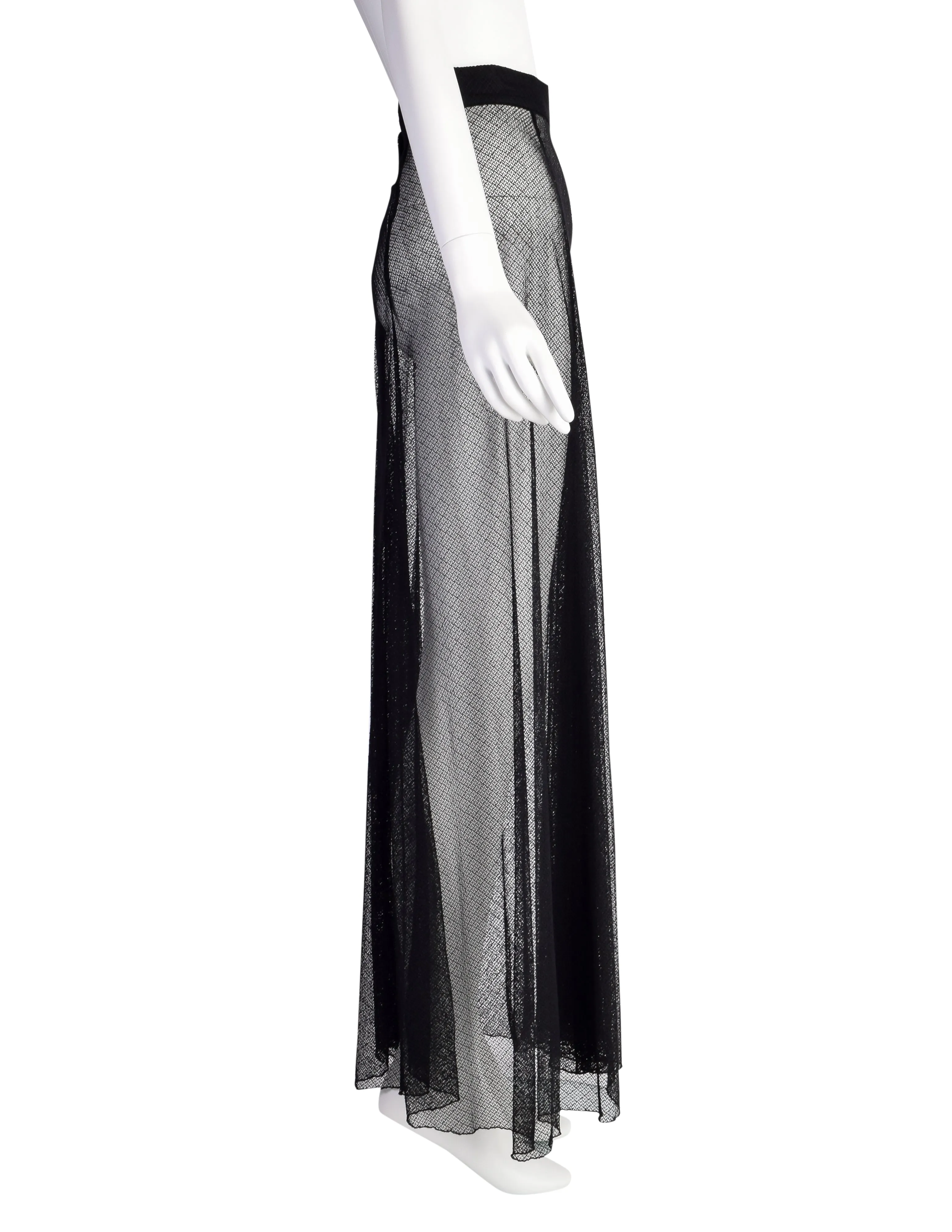 Karl Lagerfeld Vintage 1990s Black Sheer Intricate Mesh Net Full Length Skirt