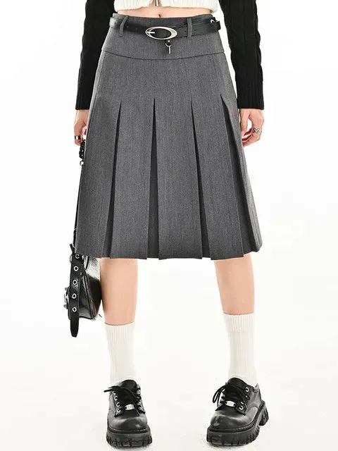 Loose Style Waist Summer Folds Street Casual Solid Pleated Preppy Skirt