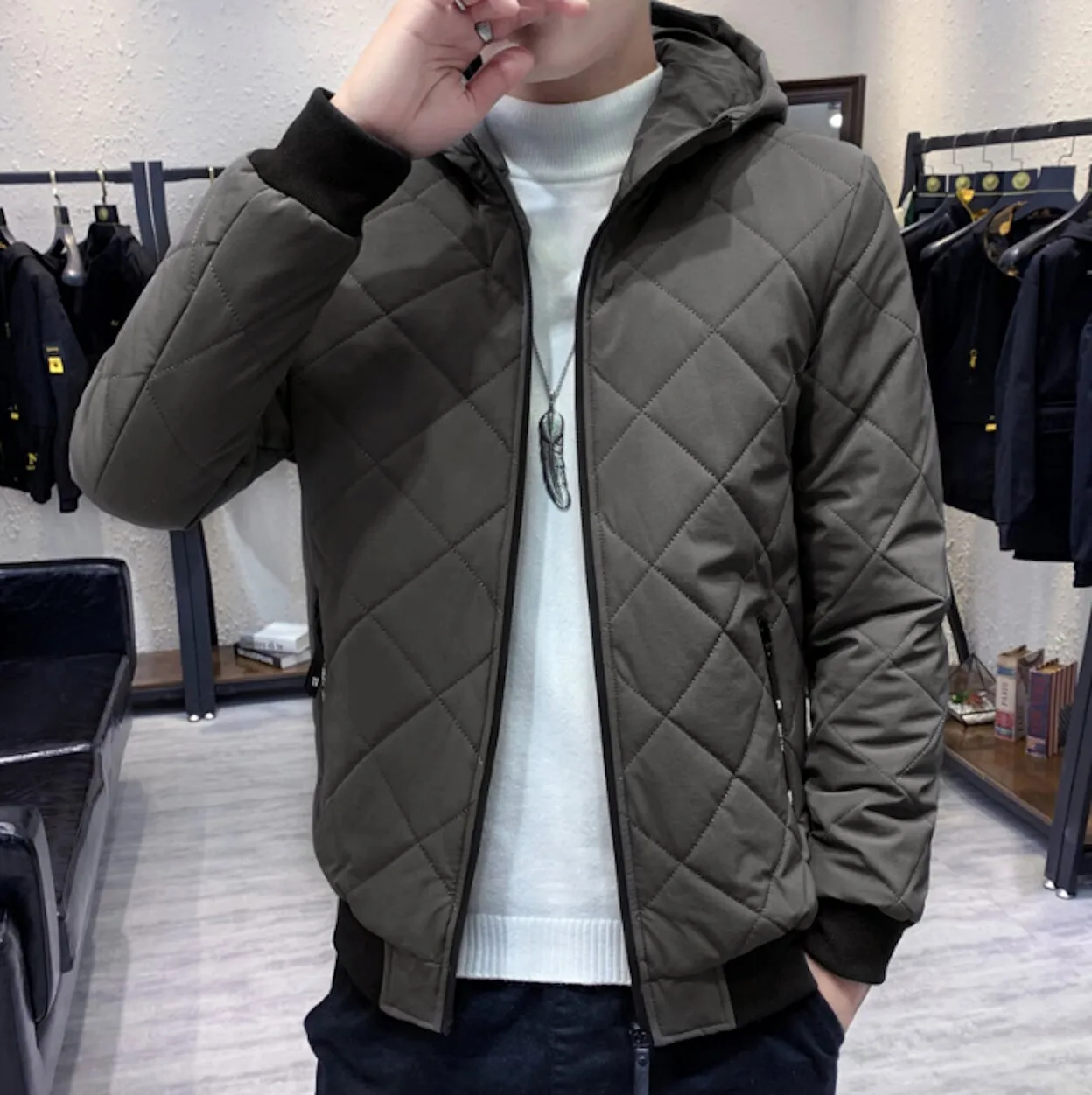 Mens Quilted Zipper Jacket with Hood