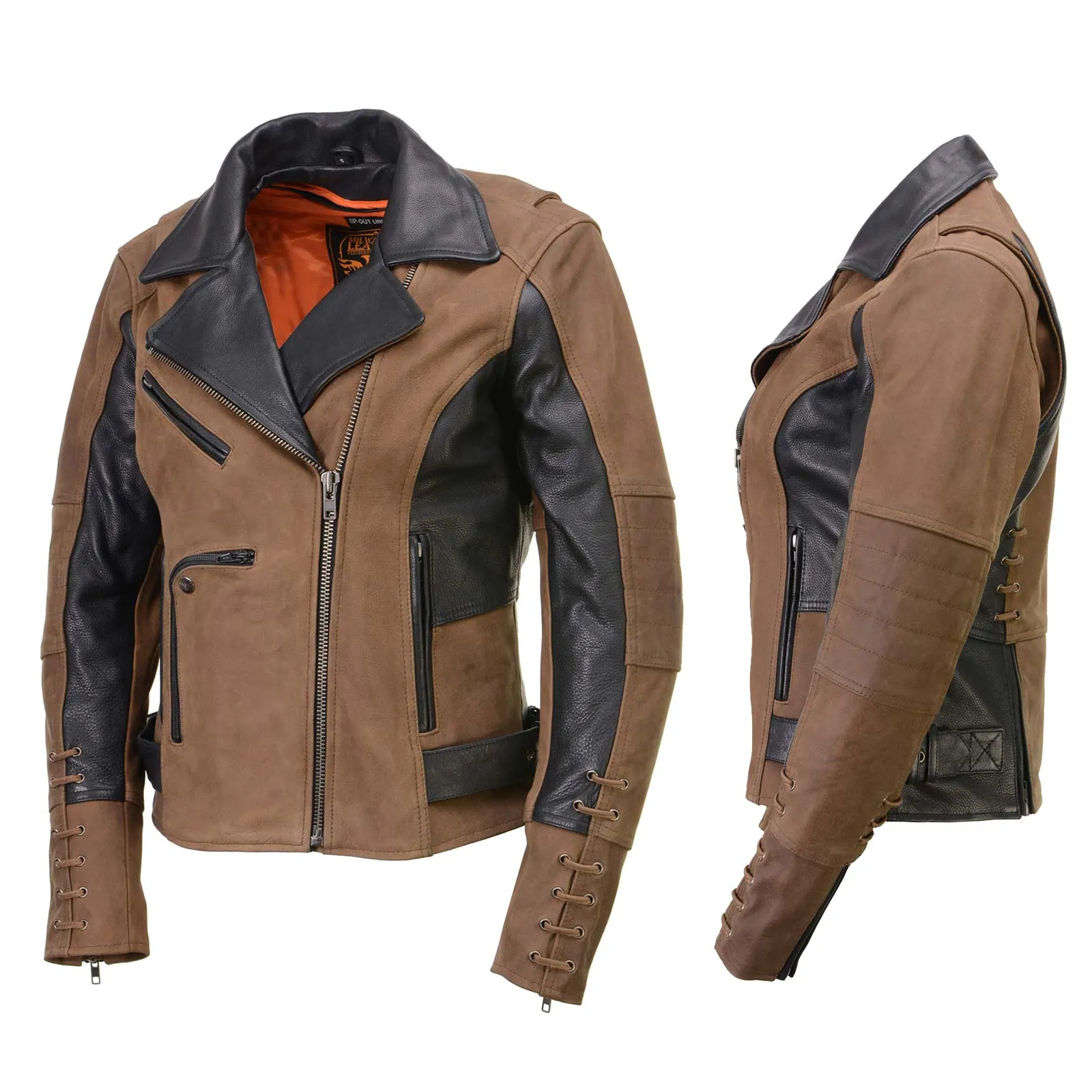 Milwaukee Leather MLL2508 Women's 'Dixie' Vintage Crazy Horse Brown and Black Leather Motorcycle Rider Jacket