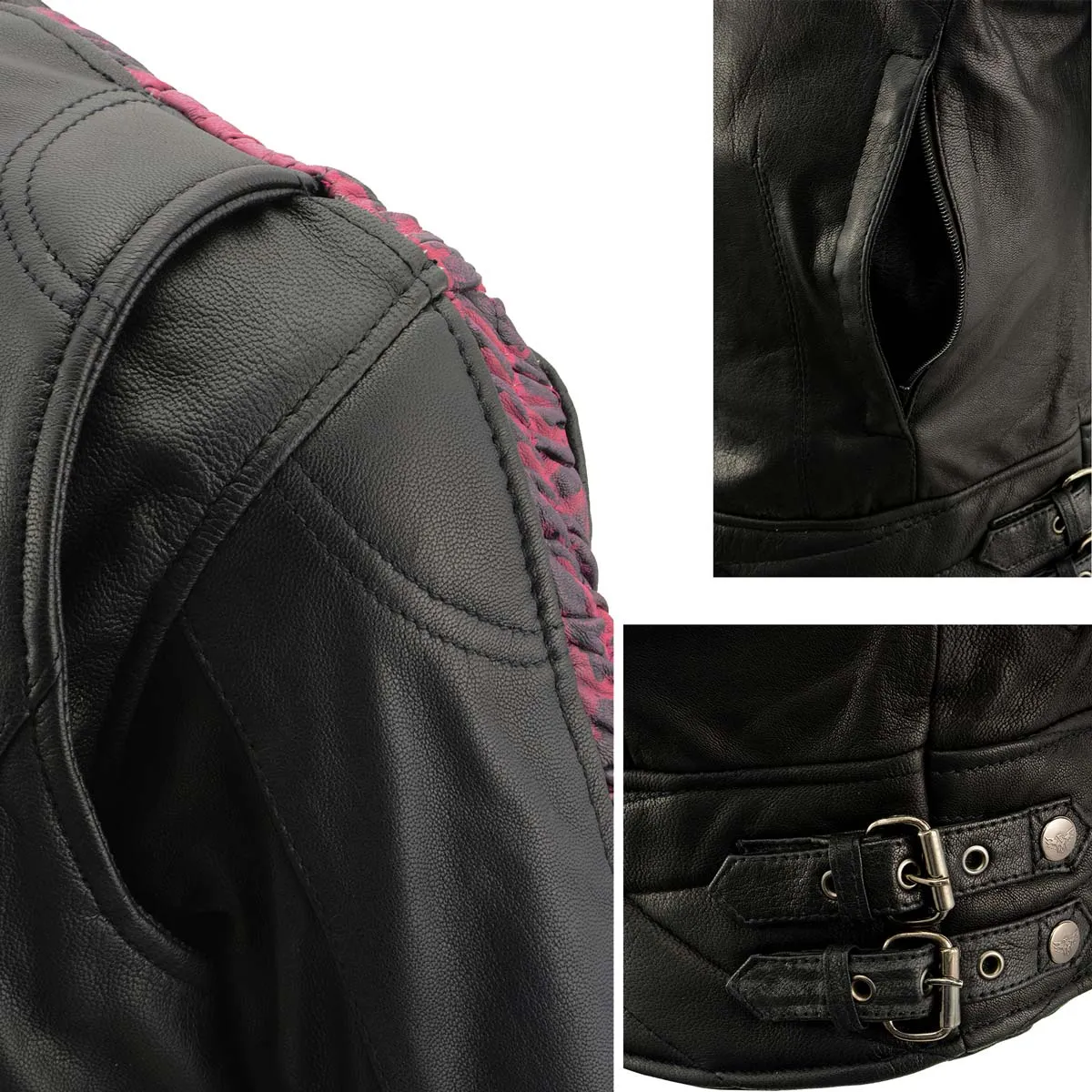 Milwaukee Leather MLL2571 Womens Black and Pink 'Crinkled Arm' Lightweight Racer Jacket